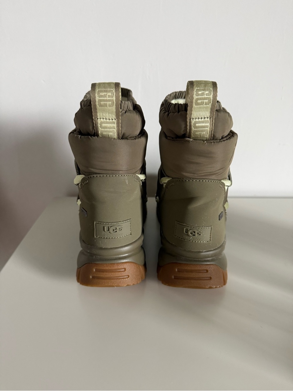 UGG Women’s Yose Olive Green Puffer MID Boots with Tan Sole - Picture 3 of 5